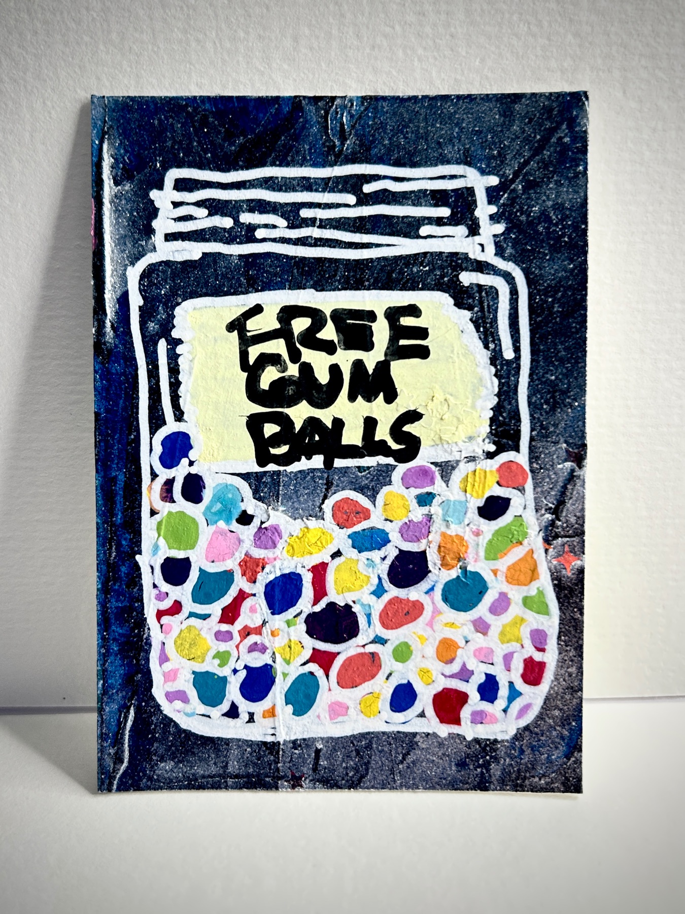 Free Gum Balls ACEO  Whimsical Candy Jar Mini Painting – Dark Humor Sweet Art Card aceo art card