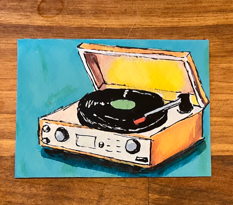 Acrylic painting of retro record player aceo art card