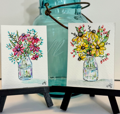 Yellow Flowers in Glass Vase aceo art card thumbnail 3