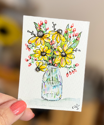 Yellow Flowers in Glass Vase aceo art card thumbnail 2