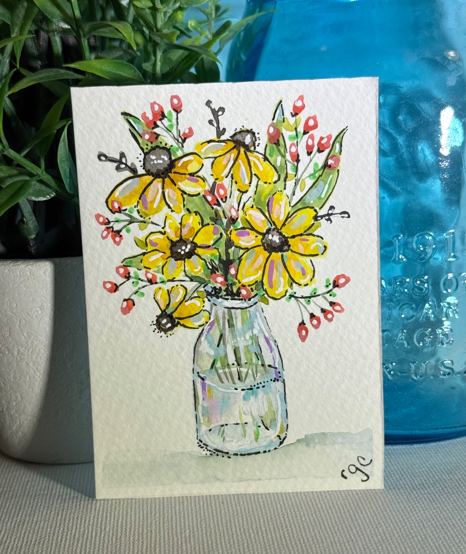 Yellow Flowers in Glass Vase aceo art card