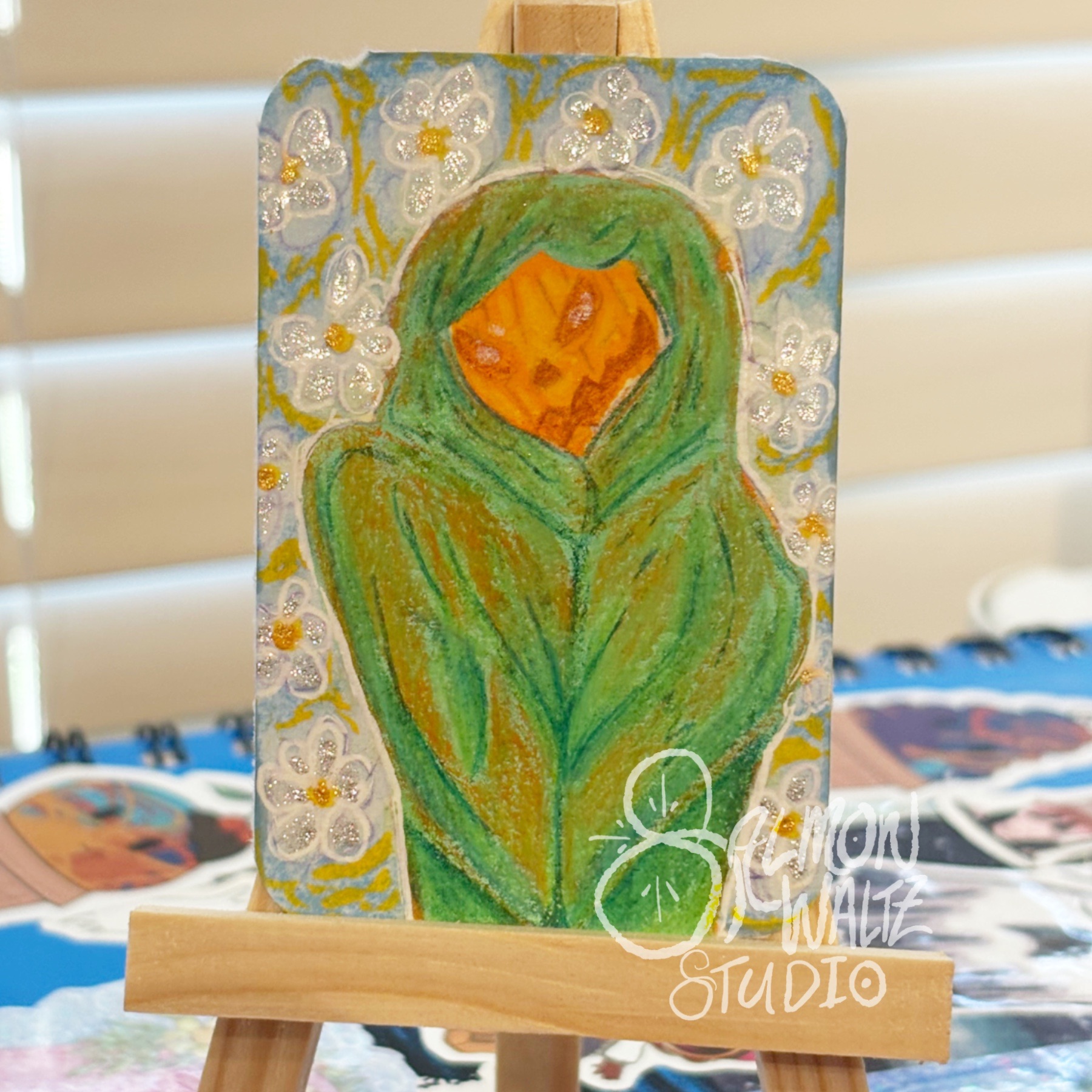ACEO colored pencil pumpkin jack o lantern daisy signed that.weird.art.chick aceo art card