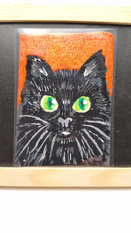Aceo original acrylic markers black cat #4/5 by critter creatives glitter back aceo art card