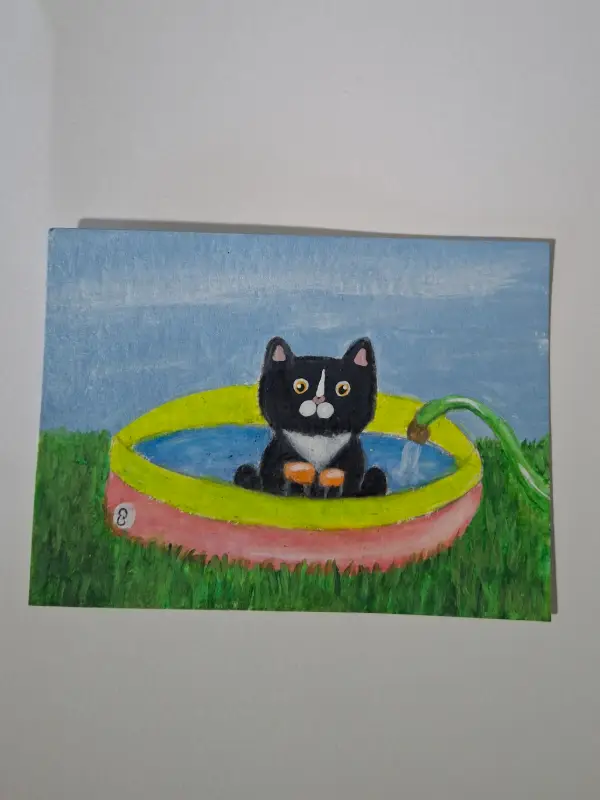 Safety first cat with arm floaties. aceo art card
