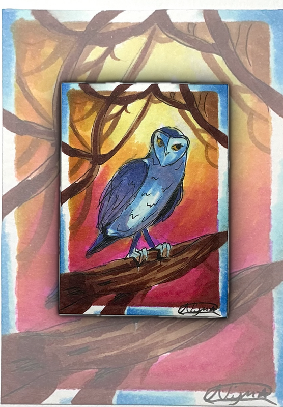 Owl in Sunset. aceo art card