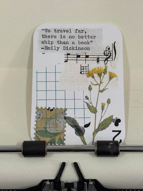 Yellow flower travel quote collage print by Mazerzine Emily Dickinson aceo art card