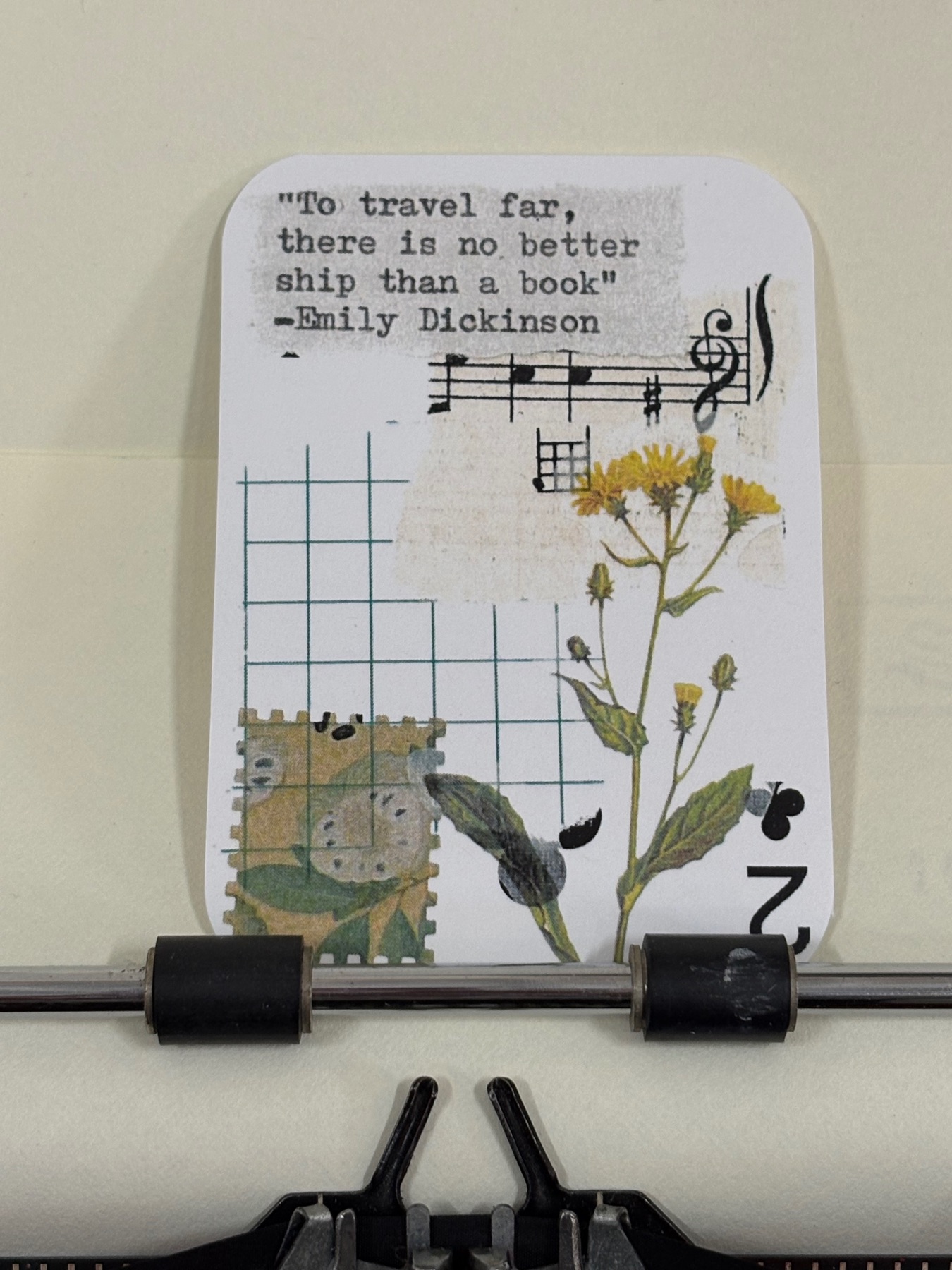 Yellow flower travel quote collage print by Mazerzine Emily Dickinson aceo art card