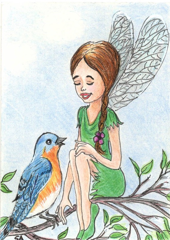 Fairy with Blue Bird Friend - Colored Pencil & Ink ACEO in Bristol Board aceo art card