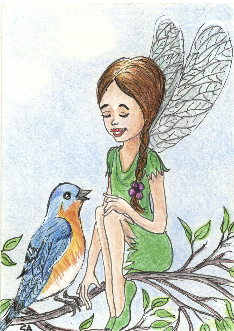 Fairy with Blue Bird Friend - Colored Pencil & Ink ACEO in Bristol Board aceo art card