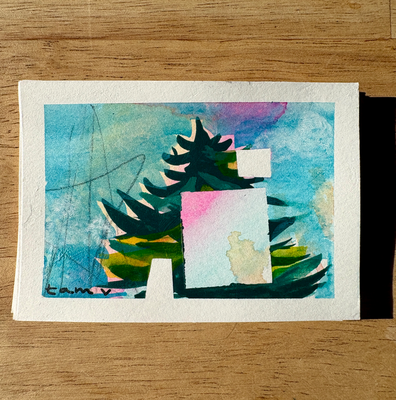 Pine Trees Calmed Her Nerves (Art + 1-Line Story) aceo art card