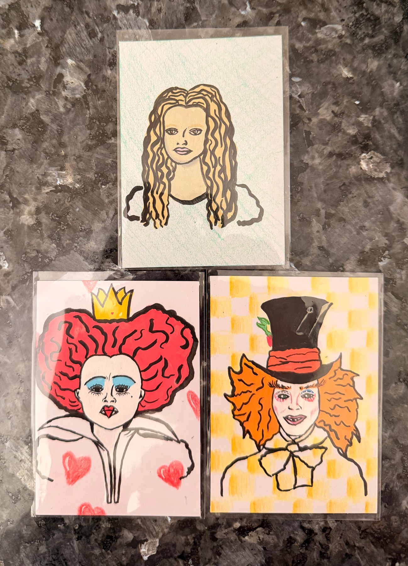 Alice in Wonderland, Mad Hatter, Queen of Hearts aceo art card
