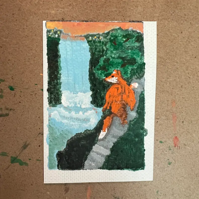 Original Waterfall View ACEO #1/9 Winged Fox Series aceo art card