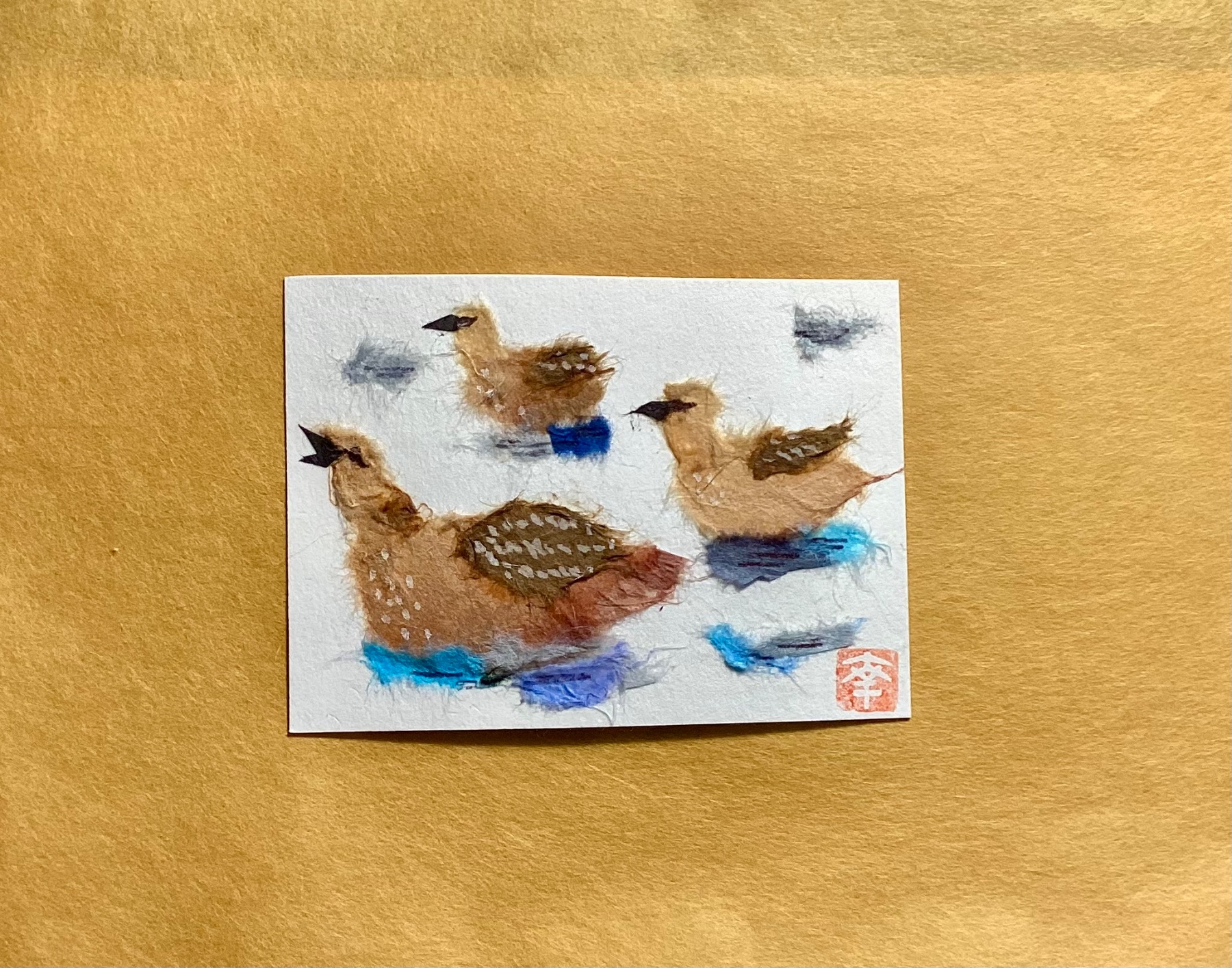 Japanese washi art - duck family aceo art card