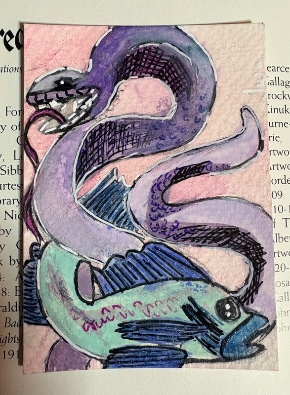 “Lore of Love “ 3/3 Snake Fish Gouache Watercolor aceo art card