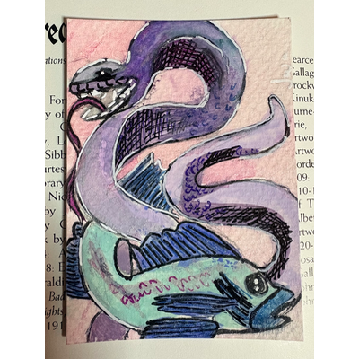 “Lore of Love “ 3/3 Snake Fish Gouache Watercolor aceo art card thumbnail 1