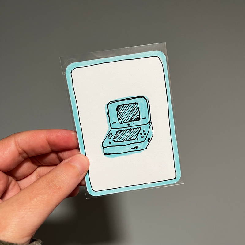 original aceo monika’s dsi nintendo handheld video game tech aqua turquoise nostalgic aceo art card