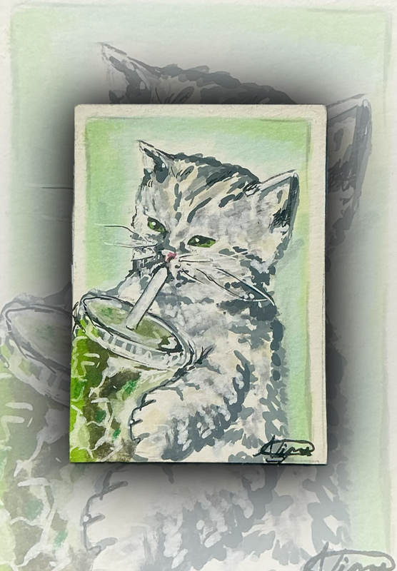 Cat drinking matcha, baby cat. (4/6 in Human Cat Series) aceo art card