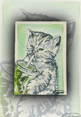 Cat drinking matcha, baby cat. (4/6 in Human Cat Series) aceo art card thumbnail 1
