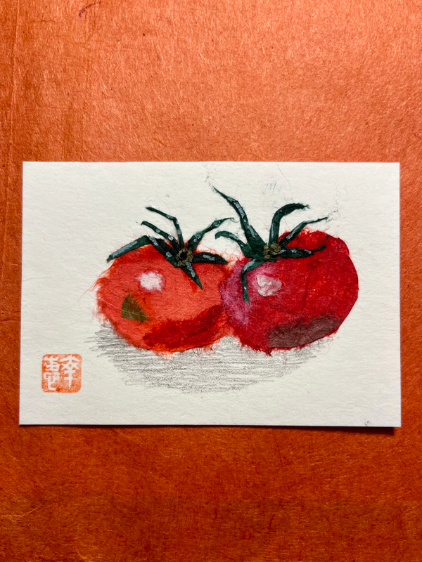 Tomatoes x2- Japanese Washi art aceo art card