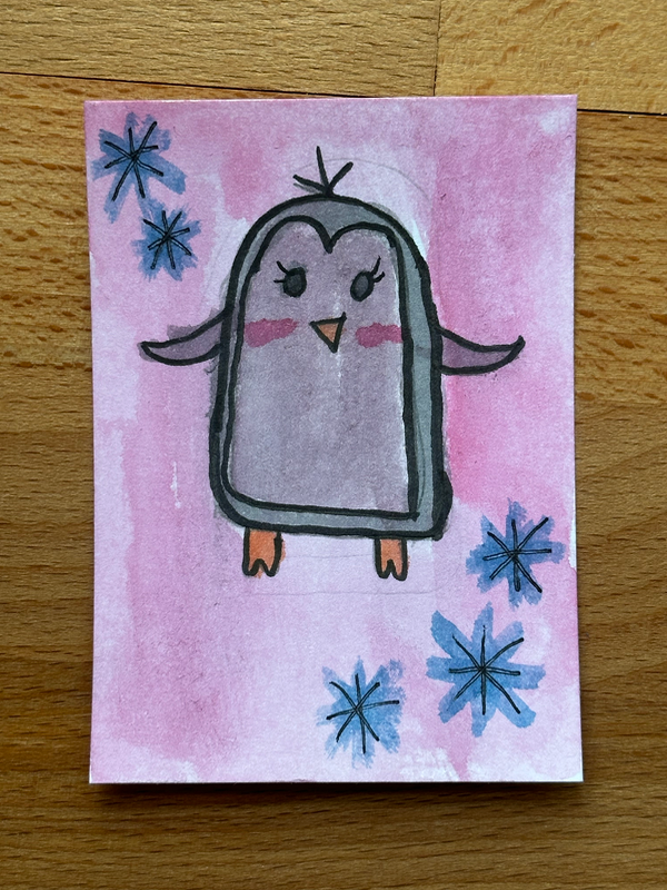 “Snow Penguin” Original Art, Young Artist aceo art card