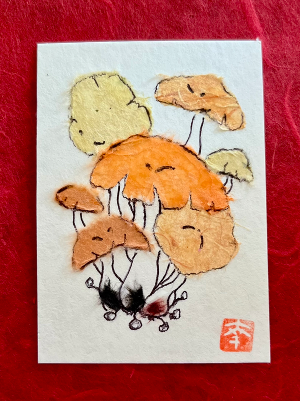 Japanese Washi art- Wild wild mushrooms aceo art card