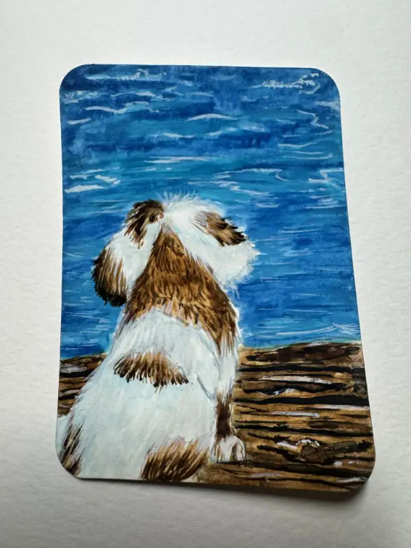 Small Dog By The Water Ashley Leary Watercolor Painting "My Heart Is By The Water" Pet Portrait aceo art card