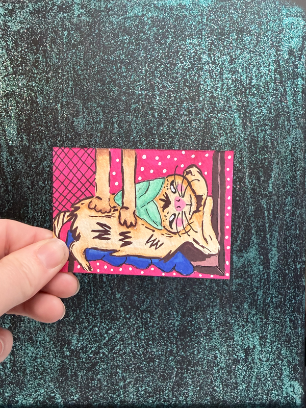 ACEO Original Art - Cat getting a massage Elizabeth Durant Art aceo art card