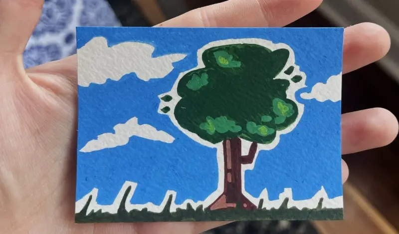 Green Tree Sunny Skies Landscape Acrylic Marker Cartoon World Novagaleaceo aceo art card