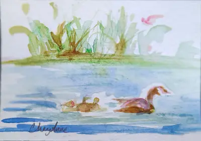 Wild Goose n Goslings WaterColour by CheyAnne aceo art card thumbnail 2