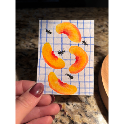Peach picnic invaders aceo art card thumbnail 1