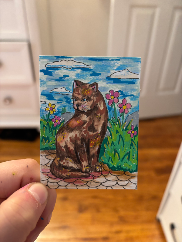 Brown Cat in the Plants aceo art card