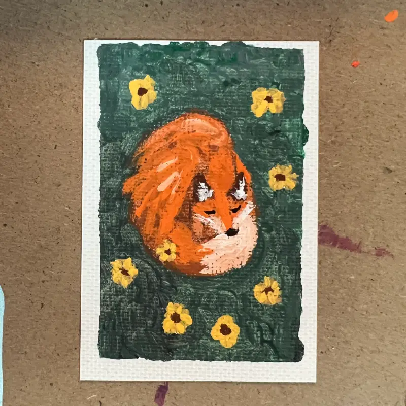 Original Resting In Flowers ACEO #3/9 Winged Fox Series aceo art card