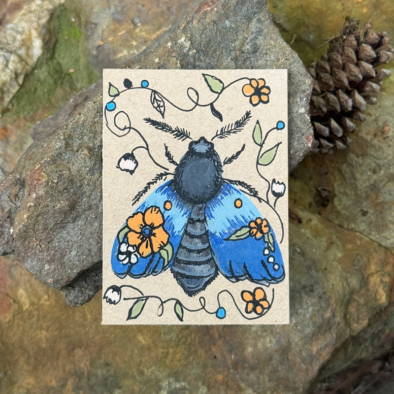 ACEO Original Painting. Acrylic, Moth, Blue, Insect, Abstract, By Lark Watercolor and Art aceo art card