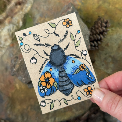 ACEO Original Painting. Acrylic, Moth, Blue, Insect, Abstract, By Lark Watercolor and Art aceo art card thumbnail 2