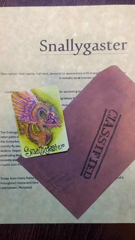 Snallygaster cryptid informational package aceo art card