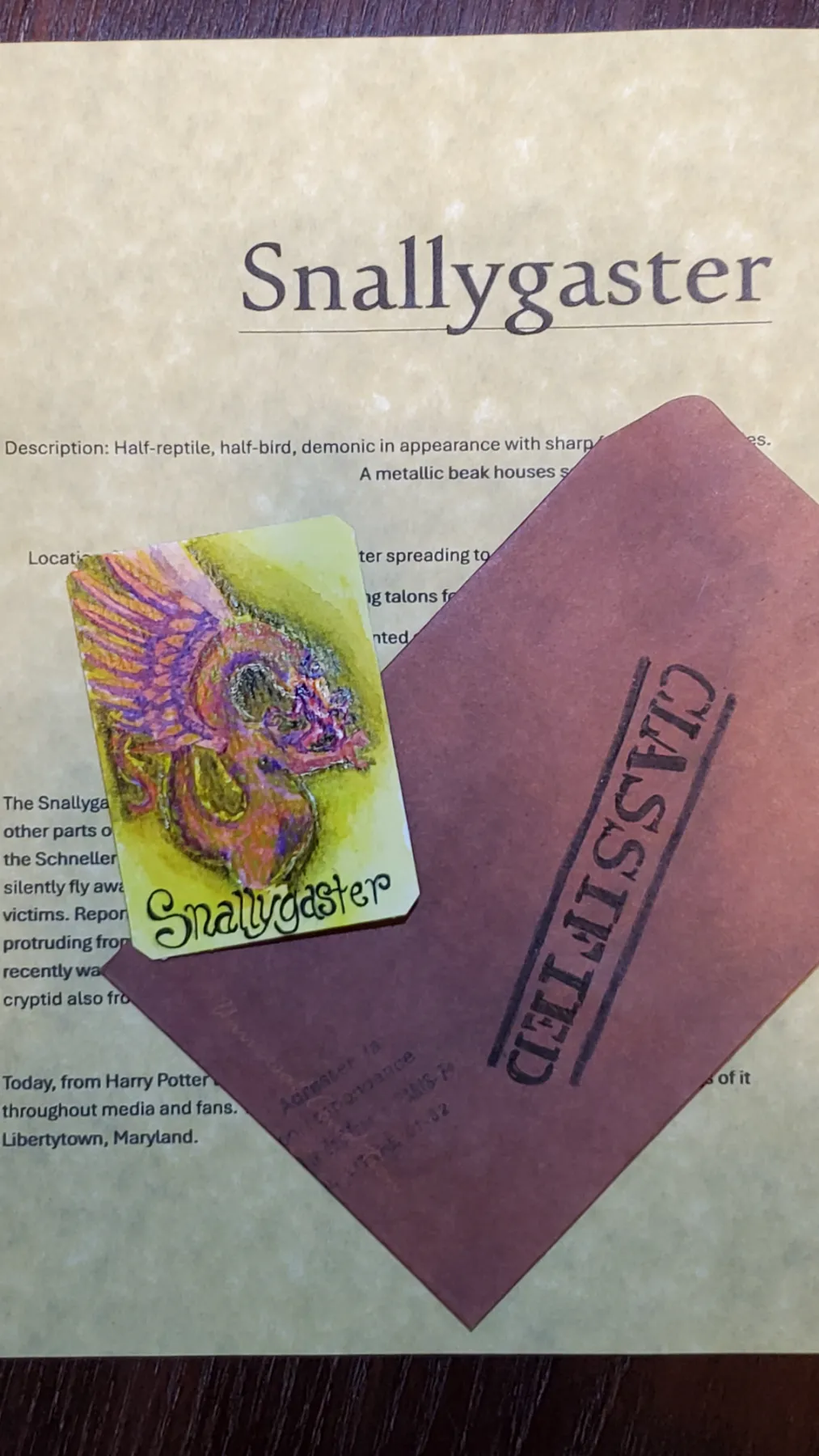 Snallygaster cryptid informational package aceo art card