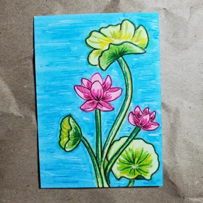 Lotus Flowers and Stems aceo art card thumbnail 2