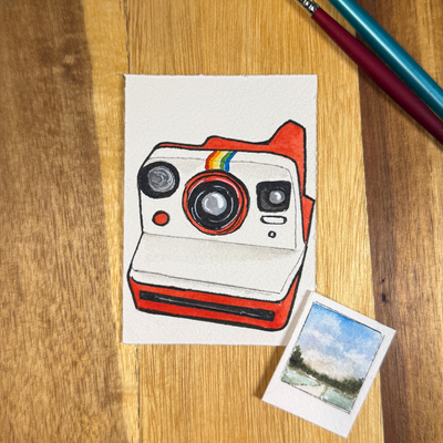 ACEO original, Camera, Polaroid, Now, Instant, Red, film, watercolor aceo art card thumbnail 5