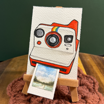 ACEO original, Camera, Polaroid, Now, Instant, Red, film, watercolor aceo art card thumbnail 1