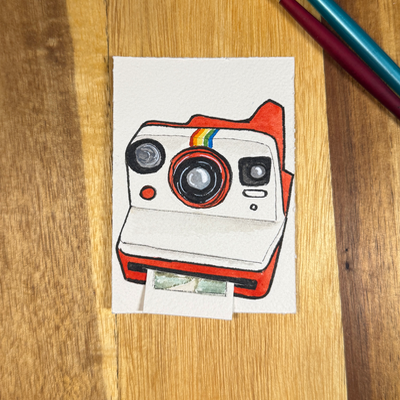 ACEO original, Camera, Polaroid, Now, Instant, Red, film, watercolor aceo art card thumbnail 3