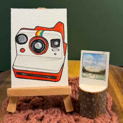 ACEO original, Camera, Polaroid, Now, Instant, Red, film, watercolor aceo art card thumbnail 2