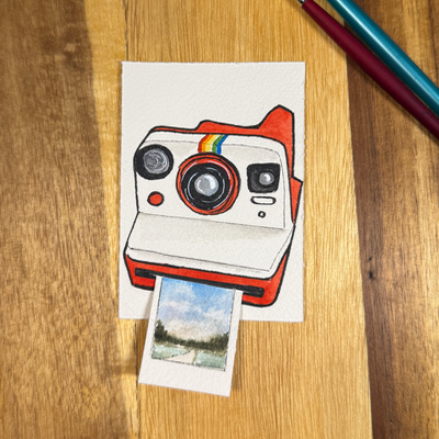 ACEO original, Camera, Polaroid, Now, Instant, Red, film, watercolor aceo art card thumbnail 4