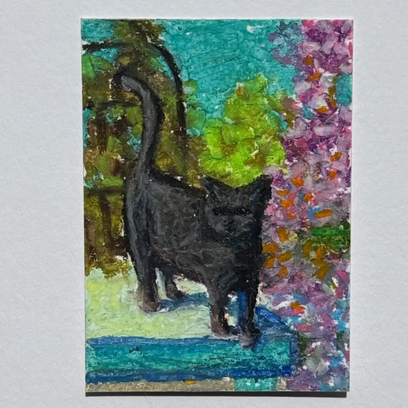 Black Cat in the Garden Greenhouse aceo art card