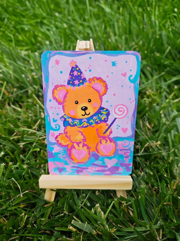 Prize Booth Memories | Original ACEO Teddy Bear Art Card | Clown Core Painting | OOAK aceo art card