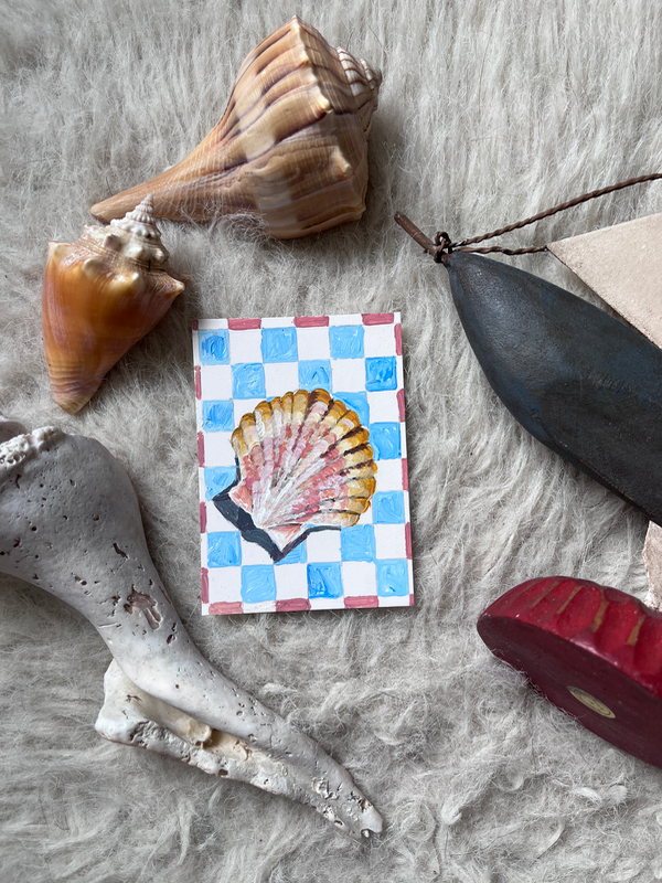 Seashells + Checkers 9 - Scallop Shell aceo art card