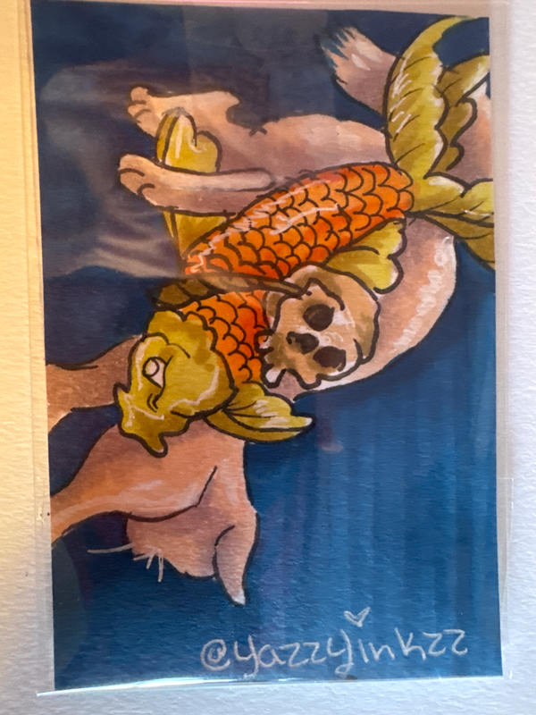 Skull Fish Cat aceo art card