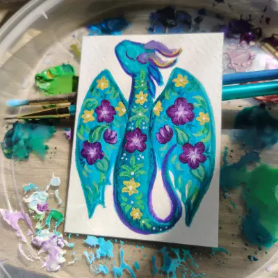 Folk Art Dragon aceo art card thumbnail 2