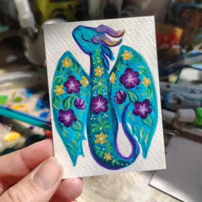 Folk Art Dragon aceo art card thumbnail 1