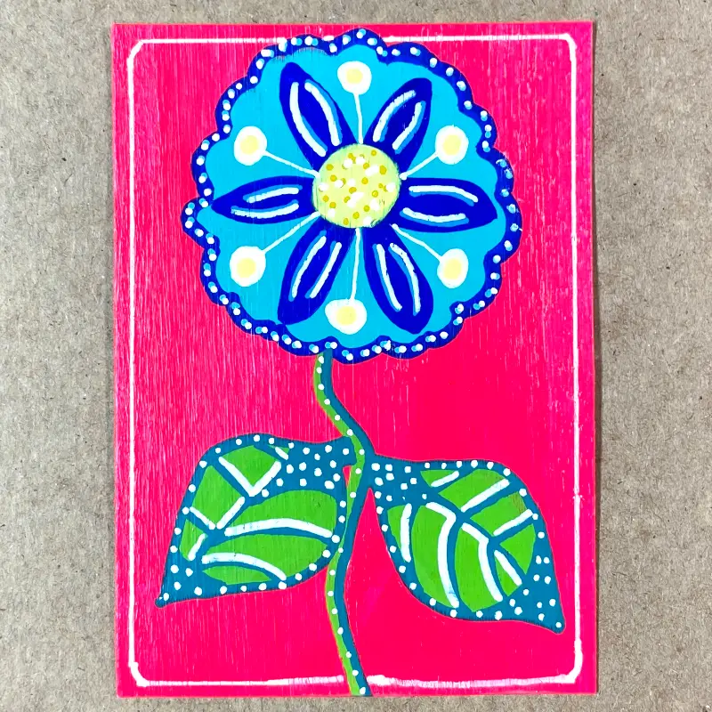 Whisical Flower (blue on hot pink) aceo art card