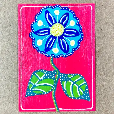 Whisical Flower (blue on hot pink) aceo art card thumbnail 1